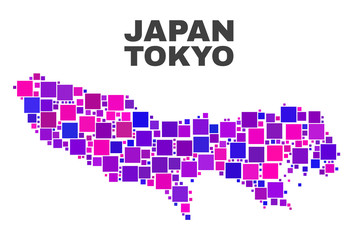 Obraz premium Mosaic Tokyo Prefecture map isolated on a white background. Vector geographic abstraction in pink and violet colors. Mosaic of Tokyo Prefecture map combined of random square elements.