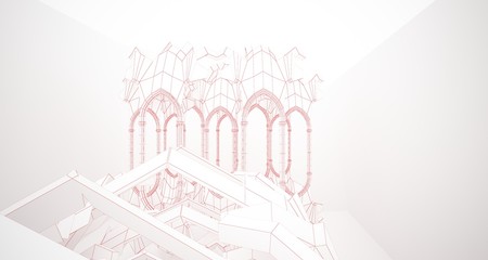 Abstract drawing white gothic interior multilevel public space with window. 3D illustration and rendering.