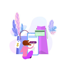 Shopping online concept. Flat design tiny woman and big bags
