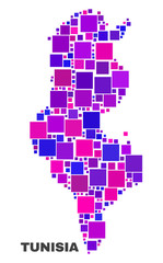 Fototapeta premium Mosaic Tunisia map isolated on a white background. Vector geographic abstraction in pink and violet colors. Mosaic of Tunisia map combined of scattered square elements.