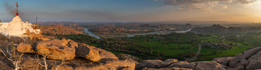 panoramic view at sunset from the monkey temple over hampi india karnakata