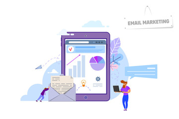 Email marketing concept, tiny people around devices tablet, laptop