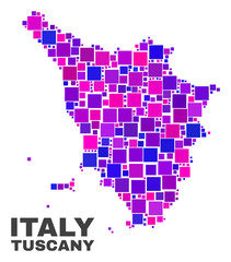 Obraz premium Mosaic Tuscany region map isolated on a white background. Vector geographic abstraction in pink and violet colors. Mosaic of Tuscany region map combined of random small squares.