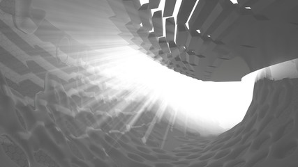 Abstract modern futuristic and organic Architecture in shape of round tube tunnel With volume light. 3d Render Illustration background