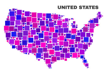 Mosaic United States map isolated on a white background. Vector geographic abstraction in pink and violet colors. Mosaic of United States map combined of scattered square items.