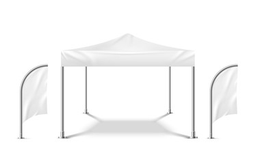 White tent with flags. Promo marquee mockup beach event outdoor material pavilion mobile camping party tent template © YummyBuum