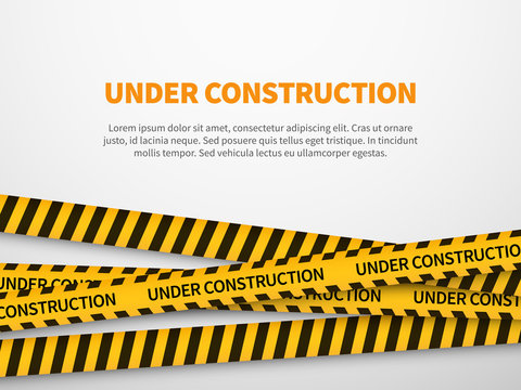 Under construction page. Caution yellow tape construct warning line background sign web page security caution