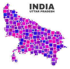 Mosaic Uttar Pradesh State map isolated on a white background. Vector geographic abstraction in pink and violet colors. Mosaic of Uttar Pradesh State map combined of scattered square items.