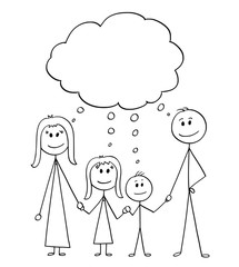 Cartoon stick figure drawing conceptual illustration of happy family, couple of man and woman and two children with empty speech or text balloon or bubble.