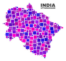 Mosaic Uttarakhand State map isolated on a white background. Vector geographic abstraction in pink and violet colors. Mosaic of Uttarakhand State map combined of random square items.