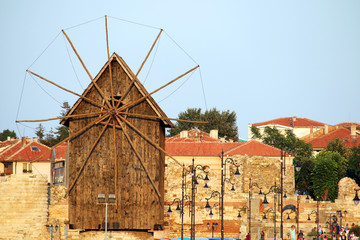 wooden windmill landmark old town Nessebar Bulgaria