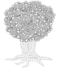 Blossom Tree. Coloring Book For Adult. Doodles For Meditation