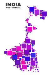 Mosaic West Bengal State map isolated on a white background. Vector geographic abstraction in pink and violet colors. Mosaic of West Bengal State map combined of scattered square items.