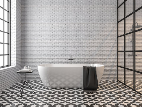 Scandinavian loft style bathroom 3d render,There are white brick wall, black and white tile floor pattern, There are black metal frame window nature light shining into the room.