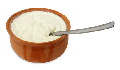Yogurt or yoghurt sour cream in clay pot