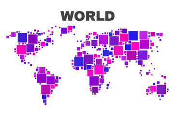 Mosaic World map isolated on a white background. Vector geographic abstraction in pink and violet colors. Mosaic of World map combined of scattered square elements.
