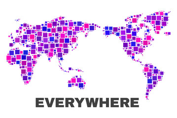 Obraz premium Mosaic World map isolated on a white background. Vector geographic abstraction in pink and violet colors. Mosaic of World map combined of random small squares.