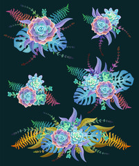 set of bouquets of succulents in blue tones, illustration of floral elements, can be used for greeting card or wedding invitation, natural cosmetics, health care, yoga center and other design