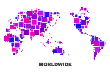 Obraz premium Mosaic Worldwide map isolated on a white background. Vector geographic abstraction in pink and violet colors. Mosaic of Worldwide map combined of scattered small squares.