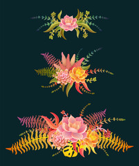 set of bouquets of succulents in warm colours, vector illustration, can be used for frames, greeting card or wedding invitation, notepads, natural cosmetics, health care, yoga center and other design