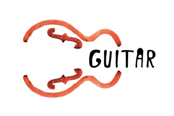 Acoustic guitar simple line watercolor illustration with text isolated with clipping path
