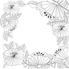 Hand drawn backdrop. Coloring book, page for adult and older children. Black and white abstract floral pattern. Design for meditation.