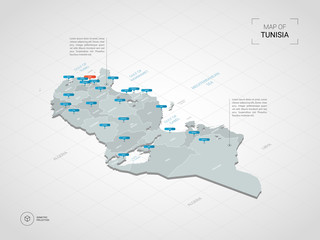 Isometric  3D Tunisia map. Stylized vector map illustration with cities, borders, capital, administrative divisions and pointer marks; gradient background with grid.