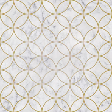 Seamless luxury golden circle geometric pattern and white marble stone texture