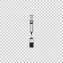 Medical syringe with needle and vial icon isolated on transparent background. Concept of vaccination, injection. Flat design. Vector Illustration