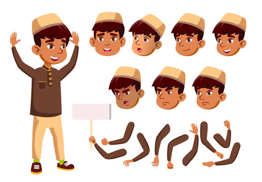 Arab, Muslim Boy, Child, Kid, Teen Vector. Teenager, Education. Face Emotions, Various Gestures. Animation Creation Set. Isolated Flat Cartoon Character Illustration