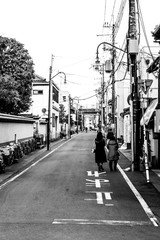 black and white photo of a Kyoto street in Japan