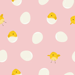 Cute pink seamless pattern with cartoon yellow chicken in eggs and flying. Childish coral birds texture for kids print design, spring Easter wrapping paper decor, textile, wallpaper