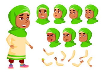 Arab, Muslim Girl, Child, Kid, Teen Vector. Cheerful Pupil. Face Emotions, Various Gestures. Animation Creation Set. Isolated Flat Cartoon Character Illustration