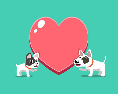 Cartoon character french bulldog and bull terrier dog with big heart for design.