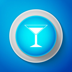Martini glass icon isolated on blue background. Cocktail icon. Wine glass icon. Circle blue button. Vector Illustration