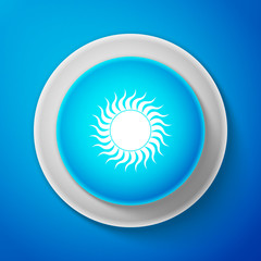 Sun icon isolated on blue background. Circle blue button. Vector Illustration