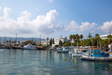 Fototapeta na wymiar Fishing and tourist boats and and palm trees alley near Kos island coastline, Greece. 