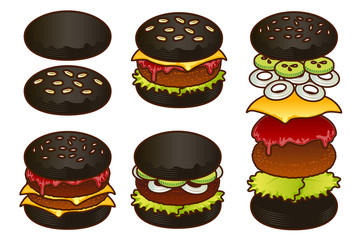 Black Burger and element food icon set. Cartoon hand draw set of burger element food icons for web design, menu, game