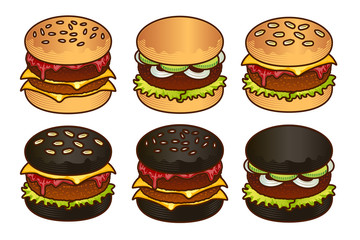 Black and white Burger food icon set. Cartoon hand draw set of burger for web design, menu, game
