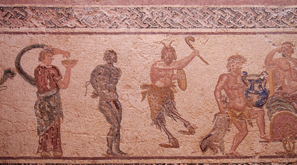 ancient roman house floor mosaic showing part of the triumph of Dionysus story in kato park paphos...