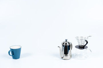 Tidy various kitchen tools and fruits or flowers on the white background.