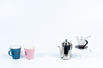 Tidy various kitchen tools and fruits or flowers on the white background.