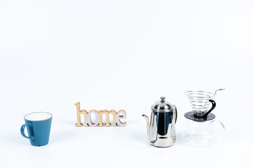Tidy various kitchen tools and fruits or flowers on the white background.