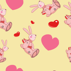 Vector seamless pattern, color image, children illustration, hearts, plush hare, pink, girlish