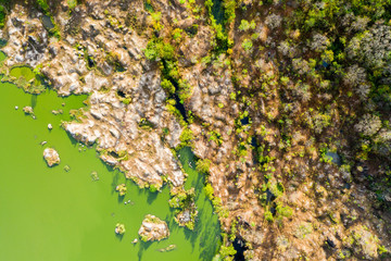 Aerial view and top view of natural pond surrounded of natural the forest texture