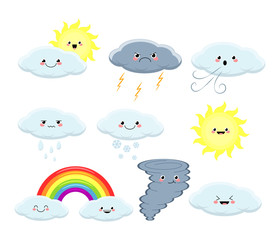 Kawaii set of different weather vector illustration isolated on white background.
