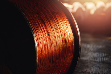 Production of copper wire, bronze cable in reels at factory