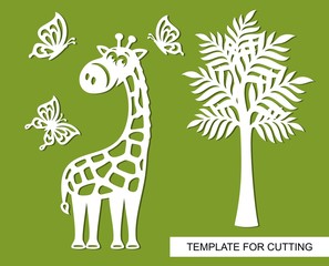 Silhouette of giraffe, butterflies and tree. Decor for children's room. White cartoon characters on a green background. Template for laser cutting, wood carving or paper cut. Vector illustration.