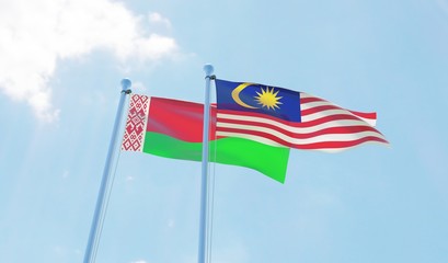 Malaysia and Belarus, two flags waving against blue sky. 3d image
