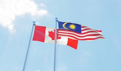 Malaysia and Canada, two flags waving against blue sky. 3d image